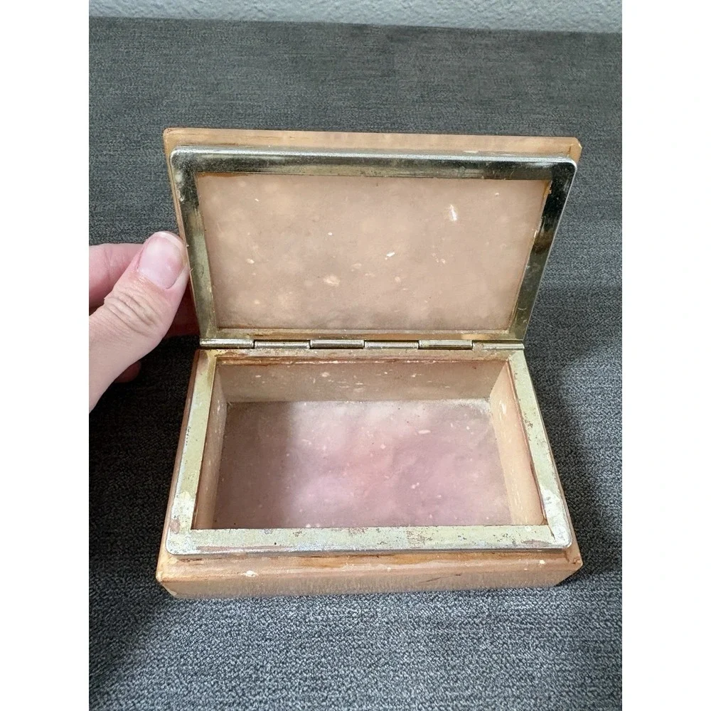 Vintage‎ Italian Pink Alabaster Jewelry Trinket Box Painted Floral Lid Italy
